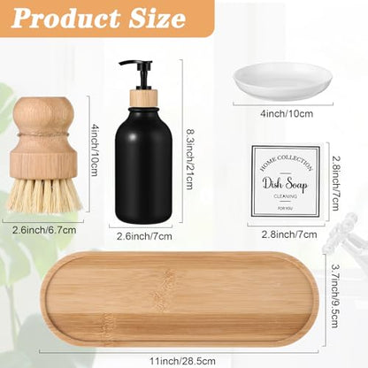 Zopeal 4 Pcs 16 oz Kitchen Soap Dispenser Set with Bamboo Tray and Dish Brush Plastic Soap Dispenser Set with Waterproof Labels for Hand Dish Lotion(Matte Black,White) - color: Matte Black,white