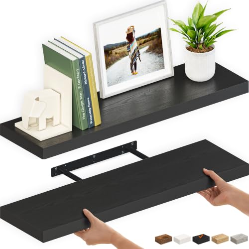 Ballucci Floating Shelves for Wall, 36" Wood Wall Shelf Set of 2, with Invisible Brackets for Bathroom, Living Room, Bedroom, Kitchen, Nursery, 8" Deep, Black - color: Black, size: 35.4 inches