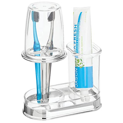 mDesign Plastic Toothpaste and Toothbrush Holder Center with Cup/Cover - Organizer for Bathroom Vanity Countertop - Holds Paste, Floss, Accessories - Hyde Collection - Clear - color: Clear