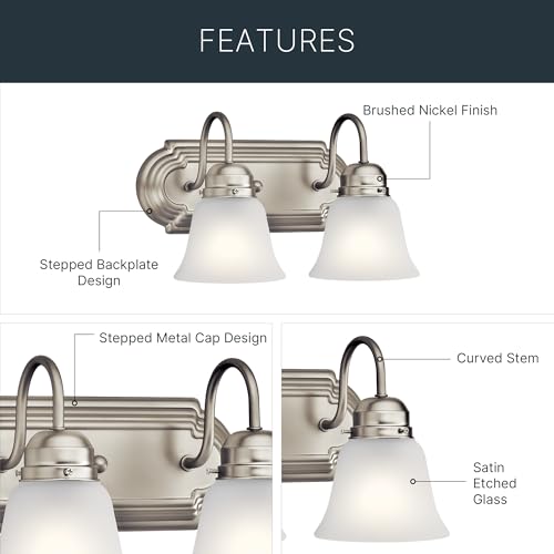 Kichler 12.25" 2-Light Vanity Bath Light in Brushed Nickel, Modern Bathroom Light with Clear Satin Etched Glass, (12.25" W x 8" H), 5336NIS - color: Brushed Nickel, size: 12.25"