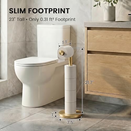 Cesun Free Standing Toilet Paper Holder Stand with Weighted Base, Gold | SUS304 Rustproof Steel | Thick Non-Slip Base | Swivel Pivot Design | Slim Footprint | Holds 5 Rolls - color: Gold