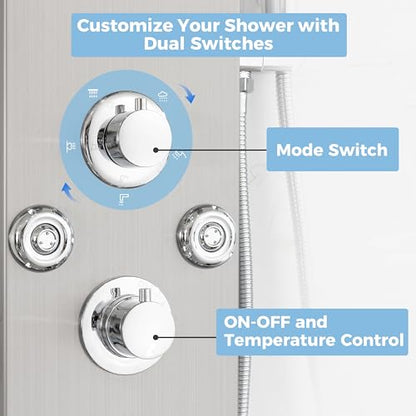 DELAVIN Stainless Steel Shower Tower, 5-Function Shower Panel Tower System | with Rainfall Waterfall Shower Head, Massage Body Jets, Tub Spout, Handheld Shower, Designed for Hotels, Gyms, Spas - style: 8 Body Jets