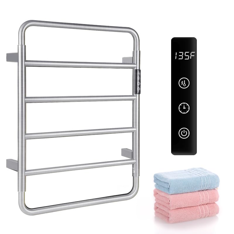 VJASS Heated Towel Rack for Bathroom, 4 Bar Stainless Steel Electric Towel Warmer with Built-in Timer, Dual Hardwired & Plug-in Wall Mounted Installation (Brushed Nickel) - color: Brushed Nickel