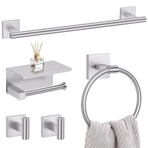 Lairuier Bathroom Hardware Set Brushed Nickel, Towel Holder Set Wall Mount | Bathroom Accessories Set, SUS304 Stainless Steel 23.6" Towel Bar, Toilet Paper Holder with Shelf, Towel Ring and Towel Hooks - color: Brushed Nickel, size: 5 Pieces - With Shelf