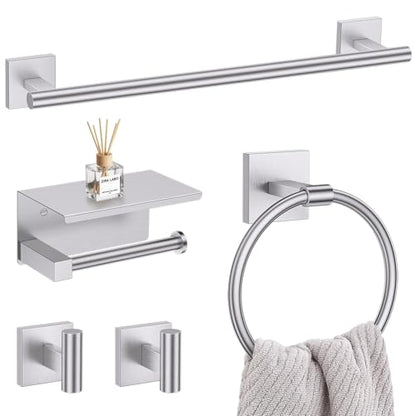 Lairuier Bathroom Hardware Set Brushed Nickel, Towel Holder Set Wall Mount | Bathroom Accessories Set, SUS304 Stainless Steel 23.6" Towel Bar, Toilet Paper Holder with Shelf, Towel Ring and Towel Hooks - color: Brushed Nickel, size: 5 Pieces - With Shelf