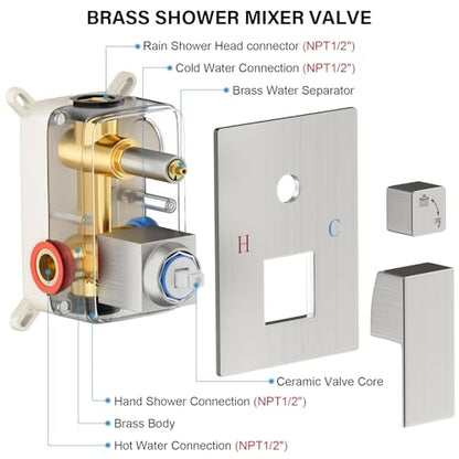 FPXRNG Shower Faucet Set Rainfall Shower System with Square Shower Head and Handle Set Rough-in Valve and Metal Trim Kit Included Brushed Nickel 10 Inch Wall Mounted Shower Fixtures - color: Brushed Nickel, size: 10 Inch Wall Mount Shower Head