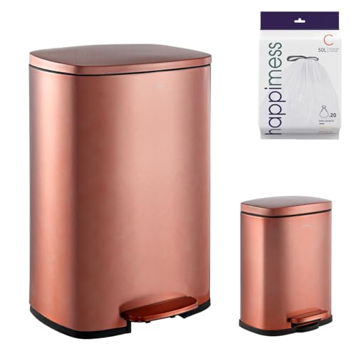 happimess Connor 2-Piece Stainless Steel Trash Can, Rose Gold | 13.2 and 1.3 Gallons, Rectangular, Soft-Close Lid, Fingerprint Resistant, Step Pedal, 20 Liners, 26" and 12" Height - color: Rose Gold