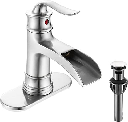 Waterfall Faucet Bathroom Faucet Single Handle One Hole Brushed Nickel Finish Large Spout Lavatory Faucets (Brushed Nickel) - color: Standard - Brushed Nickel - Single