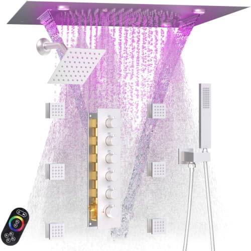 Enga Luxury Dual Shower Head System with Body Jets LED Thermostatic Shower System with 6 inch Wall Shower, 20-Inch 3 Function Shower Head (Rainfall & Mist & Waterfall), Brushed Nickel - color: Brushed Nickel, style: 20" Head (Rain + Mist+Waterfall) - 6" H