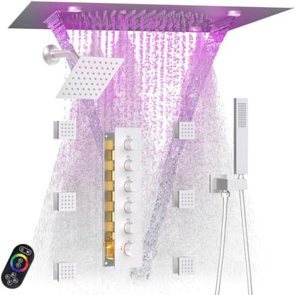 Enga Luxury Dual Shower Head System with Body Jets LED Thermostatic Shower System with 6 inch Wall Shower, 20-Inch 3 Function Shower Head (Rainfall & Mist & Waterfall), Brushed Nickel - color: Brushed Nickel, style: 20" Head (Rain + Mist+Waterfall) - 6" H