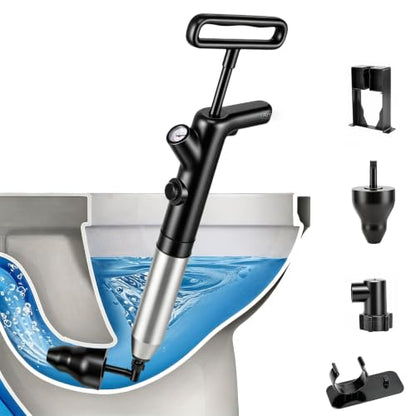Toilet Plunger, High Pressure Toilet Plunger, Air Drain Blaster with Visual Barometer, Stainless Steel Drain Clog Remover Heavy Duty Plunger for Bathroom,Toilet, Kitchen, Floor Drain