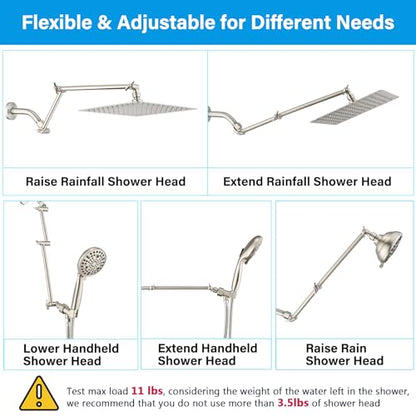 PDPBath Brass 16 Inch Shower Head Extension Arm, Upgrade Flexible Height & Angle Adjustable Shower Arm Extender with Lock Joints, for Fixed Shower Head & Handheld Shower Head, Brushed Nickel - color: Brushed Nickel, style: 6 Inch + 10 Inch