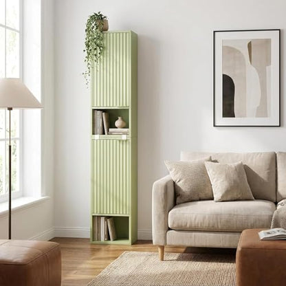AKMAKM 59.1" Tall Slim Bathroom Storage Cabinet Green | Freestanding or Wall Mounted Modular Cabinet, Fluted Panel Linen Tower with Adjustable Shelves for Small Spaces - color: Green