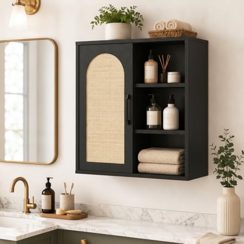 RUSTOWN Boho Rattan Bathroom Wall Cabinet with Sliding Door, Black | Farmhouse Bathroom Cabinet, Adjustable Shelves, Over The Toilet Storage Cabinet, 3-Tier Wall Mounted Cabinets - color: Black