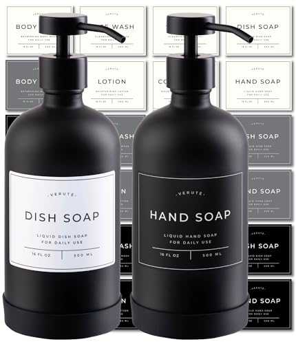 Hand and Dish Soap Dispenser for Kitchen and Bathroom, Set of 2 16 Oz Glass Bottles, Stainless Steel Pumps, Non-Slip Silicone Base, 27 Waterproof Labels (Matte Black Bottle/Black Pump) - color: Matte Black Bottle / Black Pump