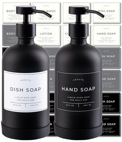 Hand and Dish Soap Dispenser for Kitchen and Bathroom, Set of 2 16 Oz Glass Bottles, Stainless Steel Pumps, Non-Slip Silicone Base, 27 Waterproof Labels (Matte Black Bottle/Black Pump) - color: Matte Black Bottle / Black Pump