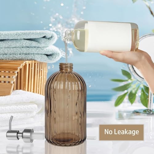 14Oz Brown Soap Dispenser Bathroom, 2 Pack, Stainless Steel Pump, Stripe | Clear Glass Hand Soap Dispensers, Refillable Dish Soap Dispenser for Kitchen, Countertop Soap Dispensers - color: Brown（2-pack）