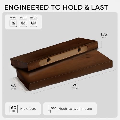 Walnut 20 inch Floating Shelf, High End Solid Real Wood 20inch Floating Shelves for Wall Mounted, Dark Brown 20 inches Long Floating Shelves, Heavy Duty Bracket, 20 X 6.5 X 1.75 in, Set of 2 - color: American Walnut - Satin Dark Tone, size: 20 inch