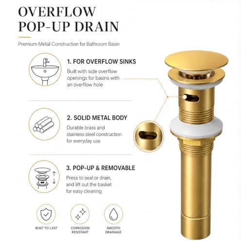 Metal Pop Up Bathroom Sink Drain with Overflow, Brushed Gold Vessel Sink Drain Assembly with Detachable Basket Stopper, Anti-Clogging Drain Strainer