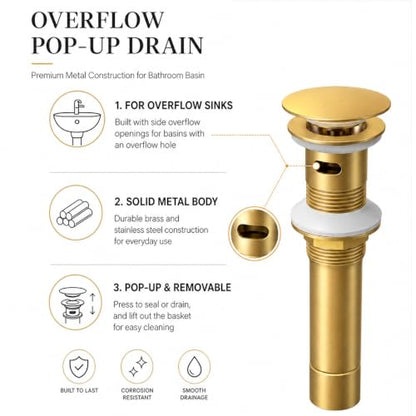 Metal Pop Up Bathroom Sink Drain with Overflow, Brushed Gold Vessel Sink Drain Assembly with Detachable Basket Stopper, Anti-Clogging Drain Strainer