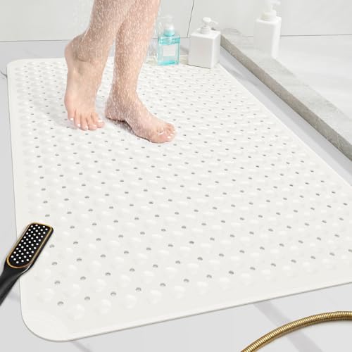 OTHWAY Large Shower Mat 34"x 23", TPE Non Slip Shower Mat for Walk in Shower Stall, Inside Shower Mats with Drain Holes Suction Cups, Anti-Slip for Elderly (White) - color: White, size: 34" x 23" (Rectangular)
