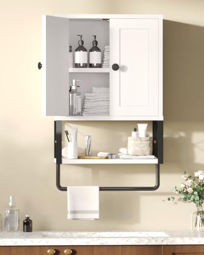 Bathroom Wall Cabinet, White Medicine Cabinet with Towel Rack | 2 Doors & Adjustable Shelves 2 Hooks, above toilet storage cabinet, for Bathroom Laundry Room, Living, Kitchen UXYYG024W