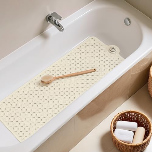 OTHWAY Bath Mat for Tub Non Slip: 39" X 17" Long Bathtub Mat with Hair Catcher│Big Drain Holes Shower Mats for Inside Shower│Machine Washable (Beige) - color: Beige