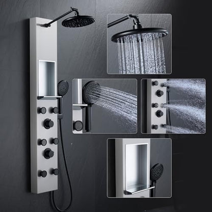 POPFLY Shower Panel Tower System with 8-inch Rainfall Shower and Shelf | Adjustable Shower Arm Height Rainfall Head, 6 Body Jets and 5-Setting Handheld Shower, Brushed Nickel, Stainless Steel - color: 6 Jets with Shelf-Brushed