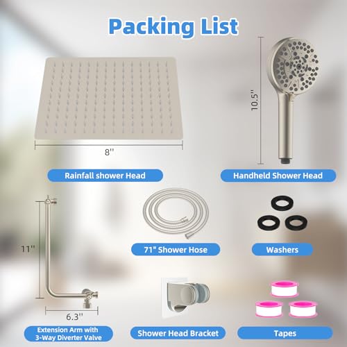 8" Metal Rainfall Shower Head with 10-Mode Handheld, Brushed Nickel | NSF/ANSI/CAN 372 Certified, High Pressure Showerhead Combo with 11" Adjustable Shower Arm, 71" Hose, Shower Head Holder - color: Brushed Nickel, style: Square 8"