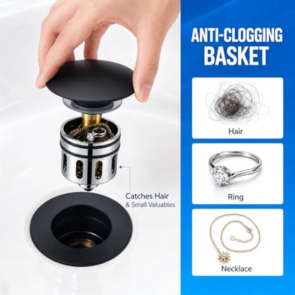 Pop up Drain for Bathroom Sink,Vessel Sink Drain Without Overflow,Black | All-Metal Rustproof 304 Stainless Steel with Anti-Clogging Hair-Catcher Basket - color: Matte Black
