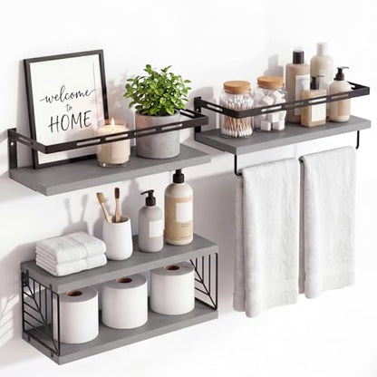 Fixwal Wall Mounted Bathroom Shelves Over Toilet (3+1 Gray) | Wall Shelf with Basket Storage , Towel Bar, Solid Wood, 22Lb Capacity, Easy DIY Install - color: 2-gray