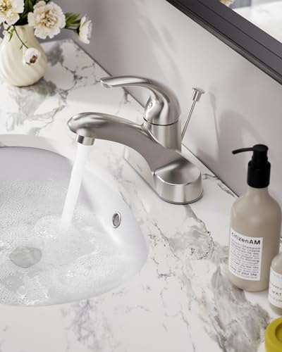 WOWOW Bathroom Faucet 1 Handle Low Arc Single Handle 4 inch Centerset Bathroom Sink Faucet with Pop Up Drain Assembly Basin Mixer Tap Brushed Nickel Vanity Faucets - color: A.Brushed Nickel