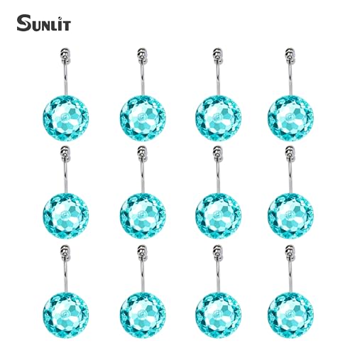 Sunlit Luxury Design Round Teal Blue Diamond Crystal Gem Bling with Glide Balls Double Shower Curtain Hooks for Mermaid Shower Curtains, Rust Proof Metal Rhinestones Glam Shower Curtain Rings-12 Pack - color: Teal With Double Hooks