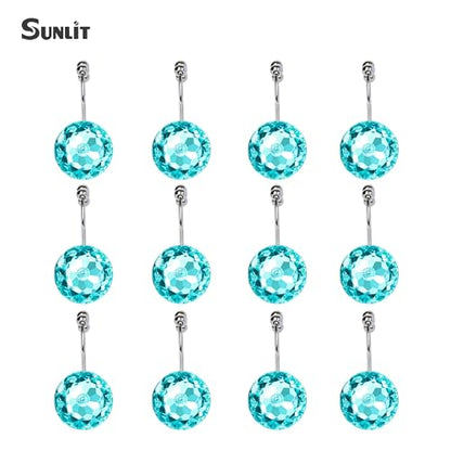Sunlit Luxury Design Round Teal Blue Diamond Crystal Gem Bling with Glide Balls Double Shower Curtain Hooks for Mermaid Shower Curtains, Rust Proof Metal Rhinestones Glam Shower Curtain Rings-12 Pack - color: Teal With Double Hooks