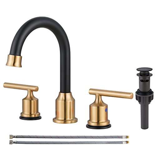 WOWOW 3 Hole Bathroom Faucet Widespread Bathroom Sink Faucet with Pop Up Drain Stopper Vanity Faucet 2 Handle Basin Taps Black and Gold Mixer Tap with Supply Hoses - color: Brushed Gold and Black, size: Widespread