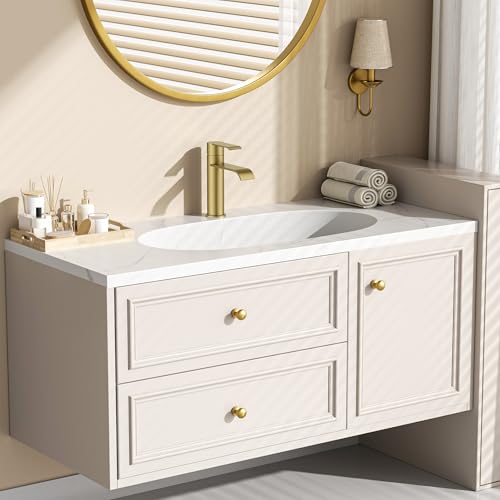FORIOUS Brushed Gold Bathroom Faucet Single Hole, Gold Waterfall Faucet | 1 Hole Waterfall Bathroom Faucet Gold, Single Handle Gold Vanity Faucet for Bthroom Sink One Hole with Deck Plate and Drain - color: Brushed Gold