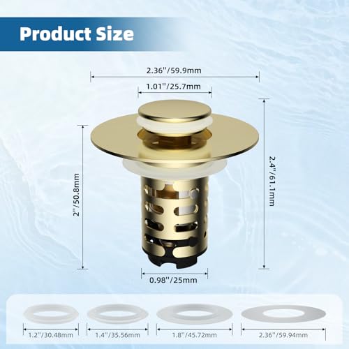 2-Pack Universal Bathroom Sink Drain Stopper, 4-in-1, Brushed Gold | Hair Catcher Pop-Up Sink Strainer Stopper with 2-Layer Removable Stainless Steel Basket, Drain Plug for 1.1"-2.36" US Basin - color: Brushed Gold Finished