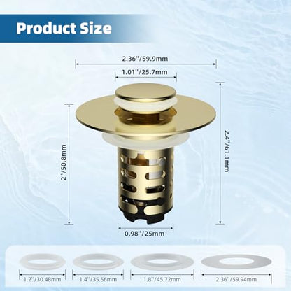 2-Pack Universal Bathroom Sink Drain Stopper, 4-in-1, Brushed Gold | Hair Catcher Pop-Up Sink Strainer Stopper with 2-Layer Removable Stainless Steel Basket, Drain Plug for 1.1"-2.36" US Basin - color: Brushed Gold Finished