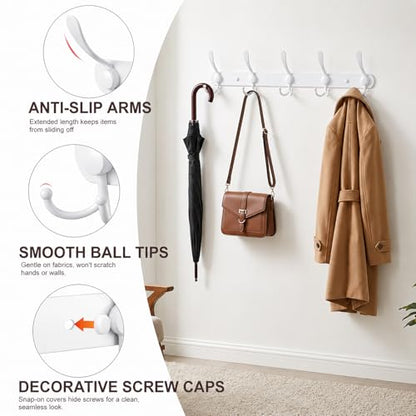 YUNISS Coat Rack Wall Mounted，5 Tri Stainless Steel Coat Hook for Coat Hat Robes Towel in Mudroom Entryway (White, 2 Pack 5 Hook) - color: White, size: 2 Pack 5 Hook