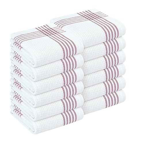 Burgundy and White Waffle Kitchen Towels 12 Pack, 100% Cotton, 16x26 Inch, Absorbent, Quick Dry, Durable Dishcloths for Wiping, Cleaning, Machine Washable, Kitchen, and Cooking Use - color: Burgundy Wine, White, style: 12 Pack