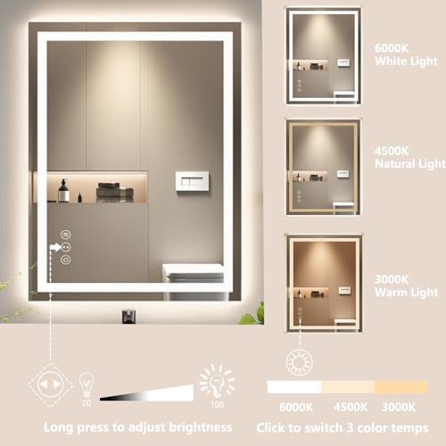 30"x36" LED Anti-Fog Memory Function Shower Mirror - Lighted Vanity Mirror with 3 Color Temperatures, Dimmable, Backlit + Front Lit, 3-Year Warranty