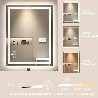 30"x36" LED Anti-Fog Memory Function Shower Mirror - Lighted Vanity Mirror with 3 Color Temperatures, Dimmable, Backlit + Front Lit, 3-Year Warranty