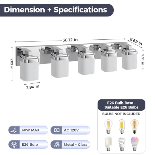 36.5 Inches Bathroom Vanity Light, 5-Light Chrome Bathroom Light Fixtures Over Mirror, Bathroom Light Shower Lamp with Milky White Square Glass Shade, Modern Farmhouse Lighting Fixtures - color: Chrome, size: 36.5 Inch : 5-lights