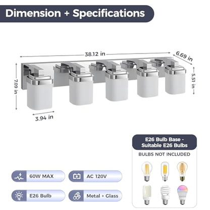 36.5 Inches Bathroom Vanity Light, 5-Light Chrome Bathroom Light Fixtures Over Mirror, Bathroom Light Shower Lamp with Milky White Square Glass Shade, Modern Farmhouse Lighting Fixtures - color: Chrome, size: 36.5 Inch : 5-lights