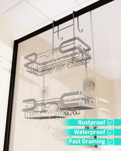 HapiRm Shower Caddy over Door- Hanging Shower Organizer with 14 Hooks and Soap Holder, Rustproof & Waterproof Stainless Steel Bathroom Shelf - Brushed Nickel - color: Brushed Nickel