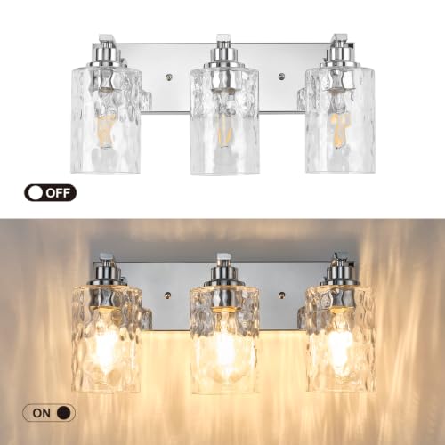 3-Light Bathroom Light Fixtures Modern Chrome Vanity Lights | Easy to Install Clear Hammered Glass Shades, Rippled Glow, Wall Mount Up or Down, E26 Socket, Hardwired, 120V - color: Chrome Hammer, size: 3 Lights