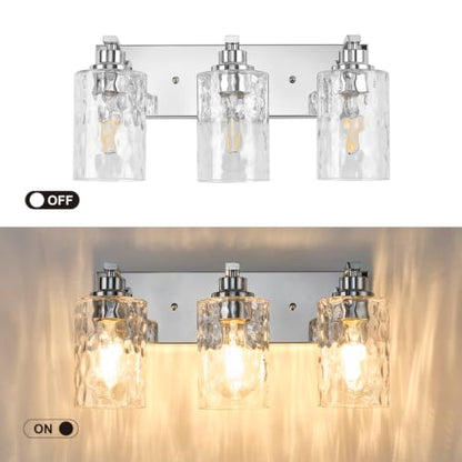 3-Light Bathroom Light Fixtures Modern Chrome Vanity Lights | Easy to Install Clear Hammered Glass Shades, Rippled Glow, Wall Mount Up or Down, E26 Socket, Hardwired, 120V - color: Chrome Hammer, size: 3 Lights