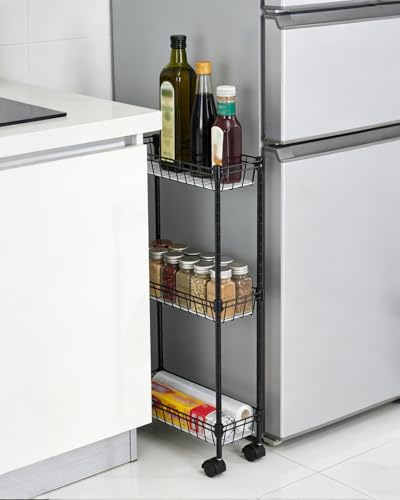 GarveeHome Slim Rolling Storage Cart, 3 Tier Metal Utility Cart with Wheels, Adjustable Shelving Unit Basket for Kitchen Bathroom Laundry Room Living Room & Narrow Corner, 15.75"X5.91"X31.5", Black - size: 3 Tier