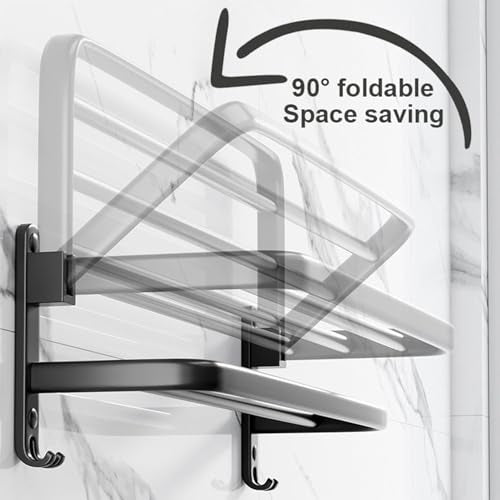 TocTen Towel Rack for Bathroom, Foldable Towel Holder with Double Towel Bars, Wall Mounted Premium Aluminum Bathroom Tower Shelf, Space-Saving Towel Hanger for Bathroom, Lavatory (Black,24 in) - color: Black
