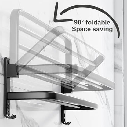 TocTen Towel Rack for Bathroom, Foldable Towel Holder with Double Towel Bars, Wall Mounted Premium Aluminum Bathroom Tower Shelf, Space-Saving Towel Hanger for Bathroom, Lavatory (Black,24 in) - color: Black